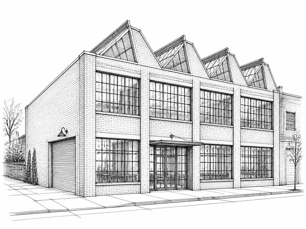 Ink sketch of a Ridgewood industrial warehouse