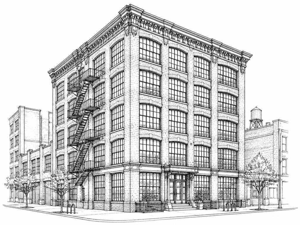 Ink sketch of a Williamsburg brick loft building